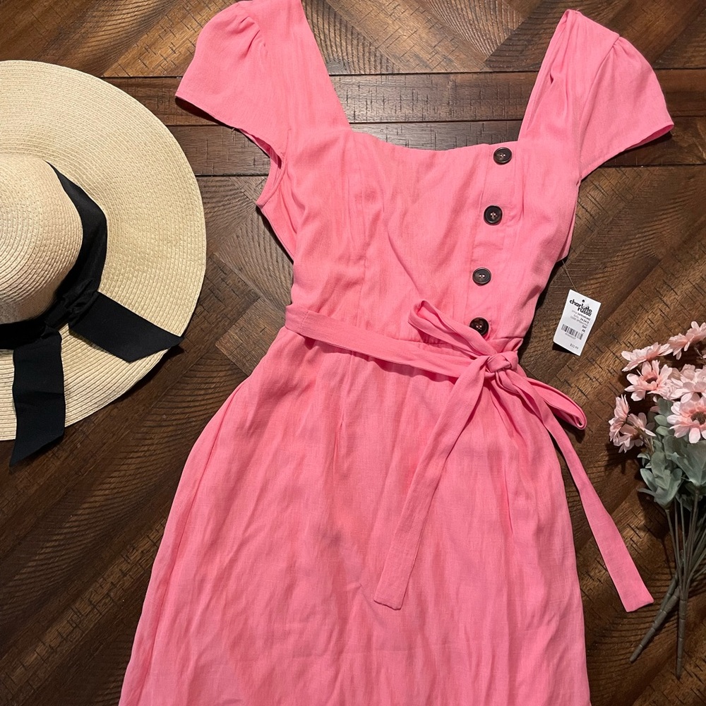 New With Tags Hot Pink Faux Wrap Dress with Buttons